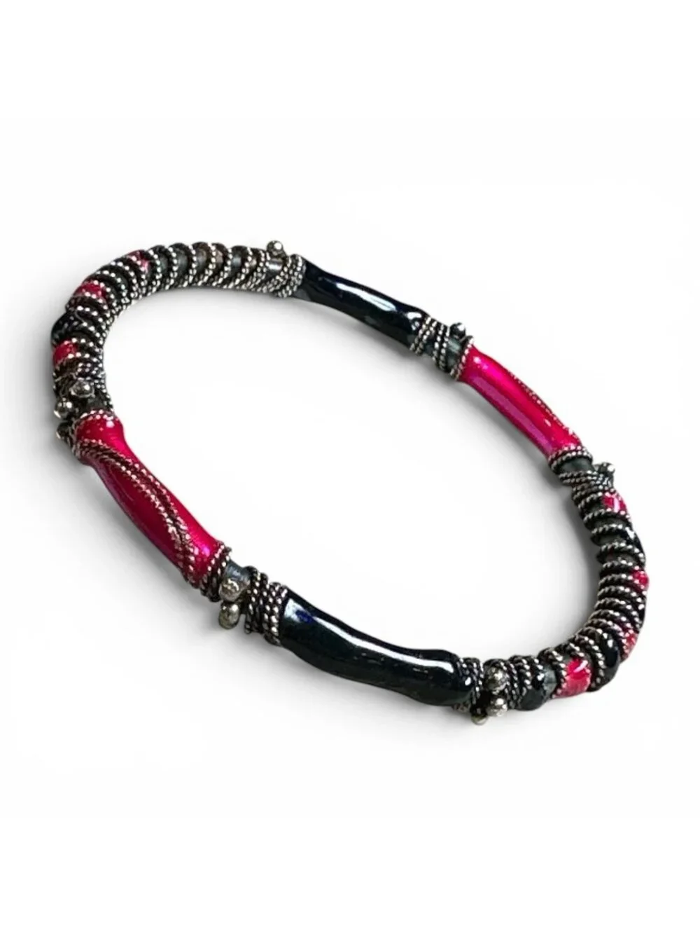 Vintage Bangle Bracelet Bright Pink Navy Metallic Enamel & Beaded Accents